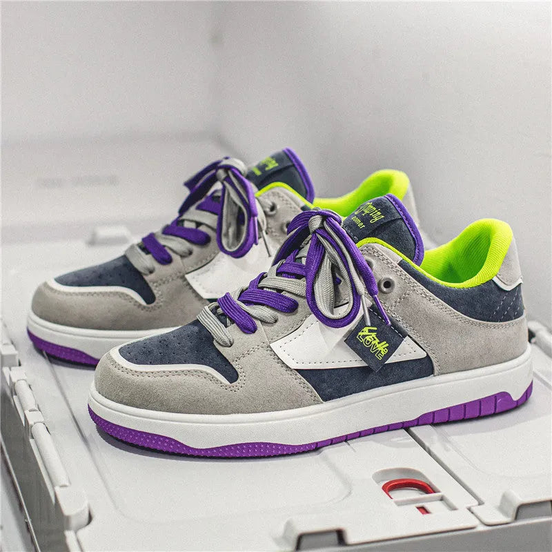 Men's low-top board shoes with colour-matching artificial PU upper, mesh lining, front lace-up, and PVC sole in black purple.