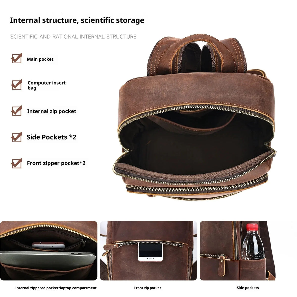 Men's first layer cowhide leather backpack, black or coffee, 30.5x15x39cm, 20-35L, with airpillow straps