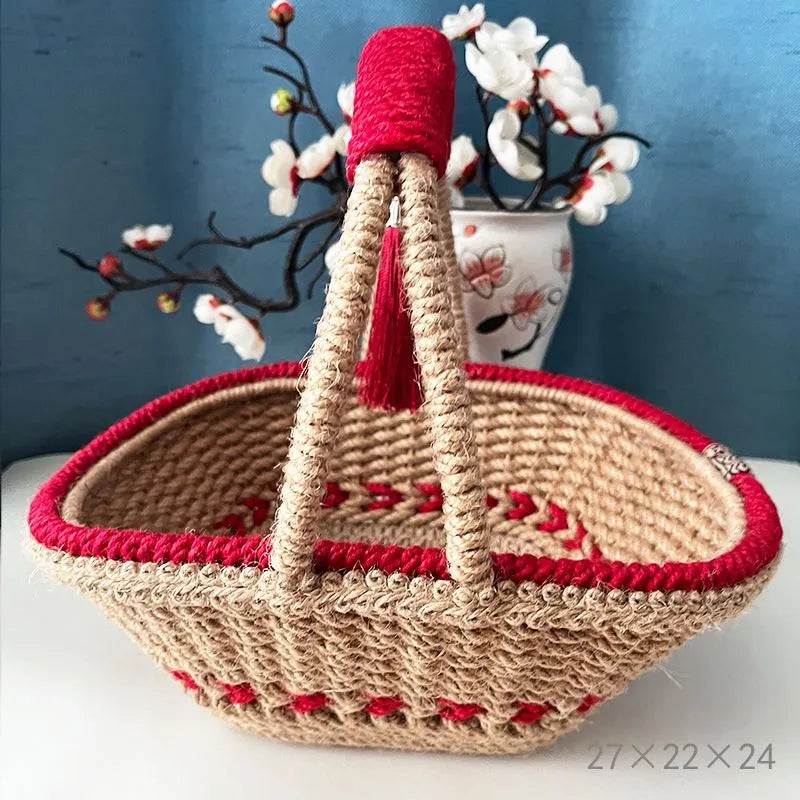 Xi Blue hand-woven straw basket with twine finish, 27x22x24cm, retro national wind style for living room
