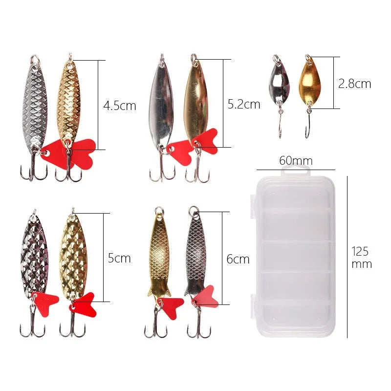 Three sets of metal sequin false baits in box iron packaging for lure fishing