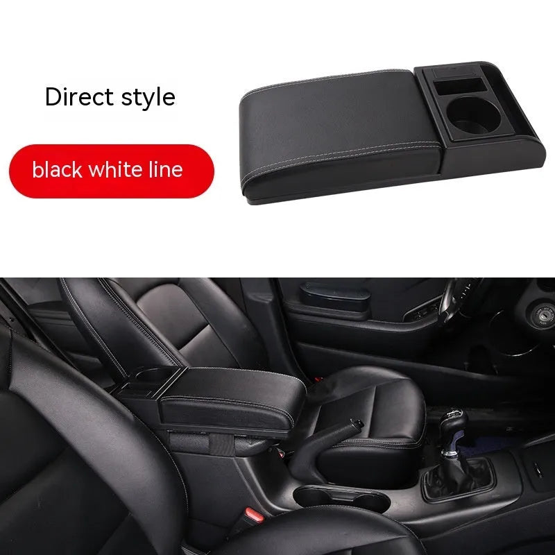 Universal car armrest cover in black with red decorative lines showing PU leather texture surface