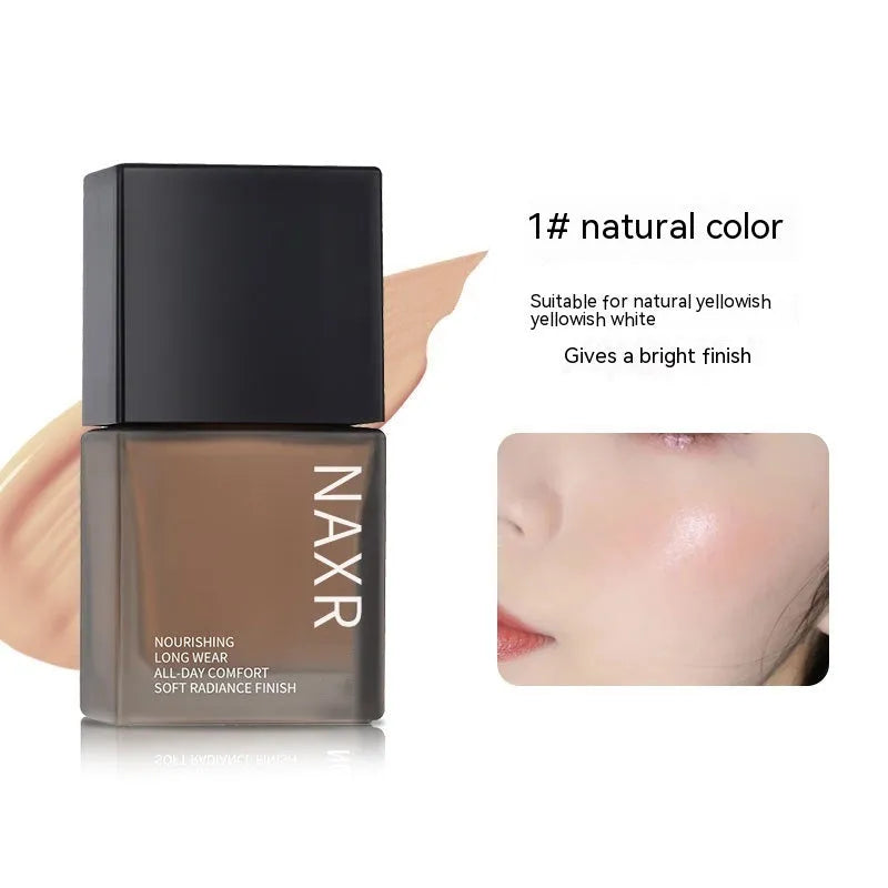 Liquid foundation bottle for oil control and brightening, available in Natural Colour and Ivory White shades.
