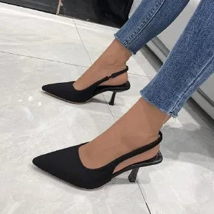 Thin heel pointed toe pumps for women in PU with rubber sole, available in red, green, black and purple, sizes 35-43