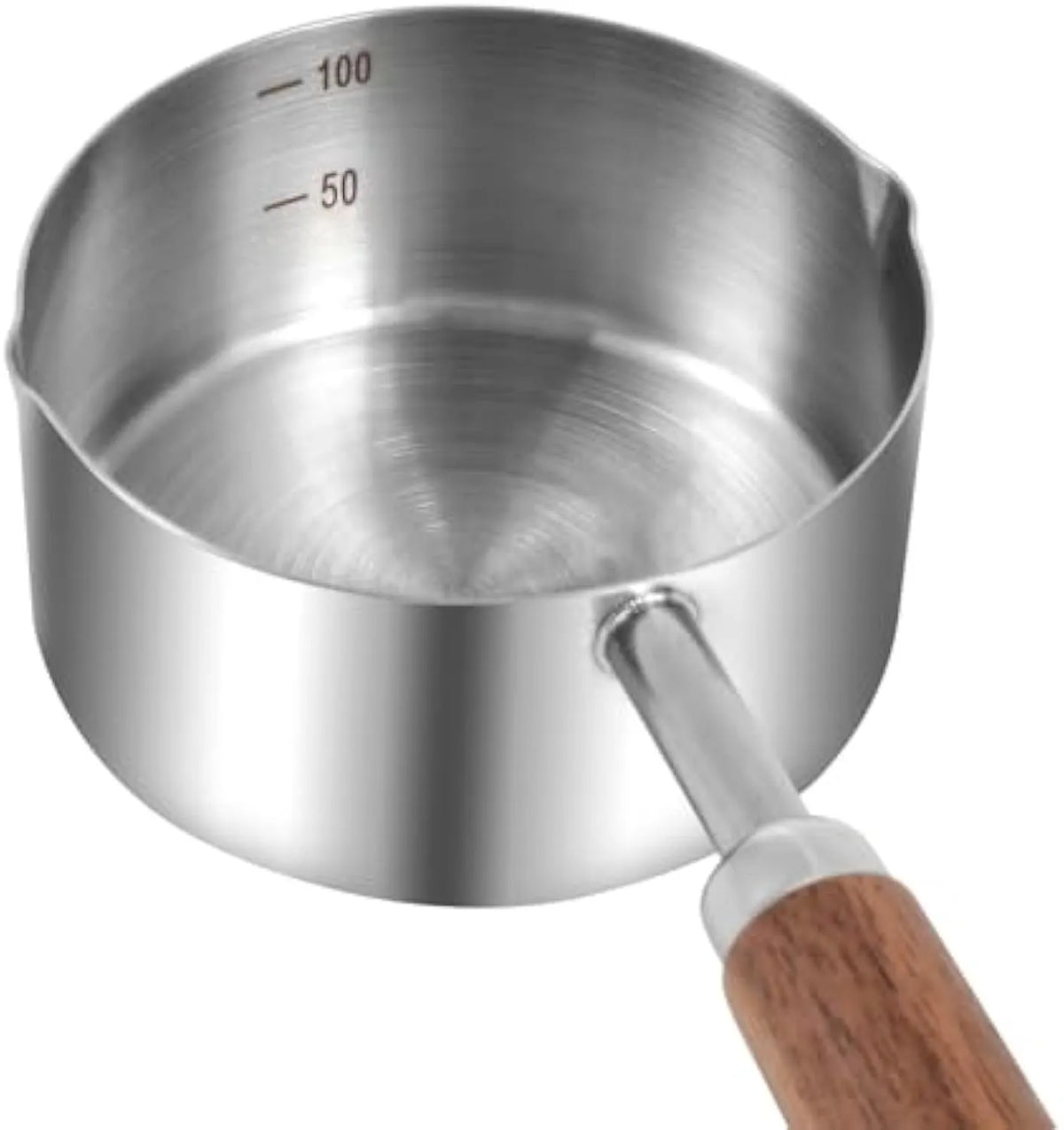 Two 304 stainless steel dog food scoops with wooden handles on a surface