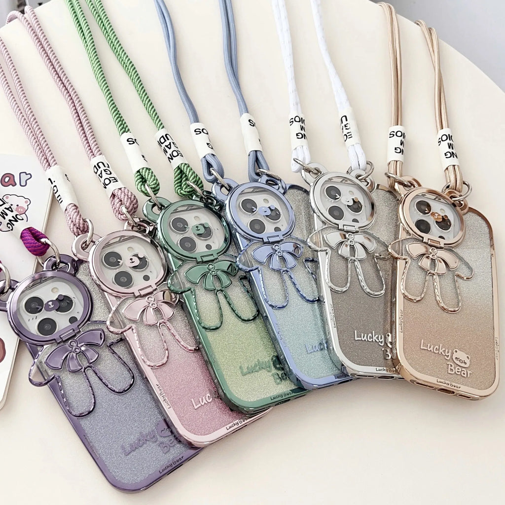 Electroplating glitter phone case with lucky bear bracket for iPhone, TPU all-inclusive crossbody cover in Dark Night Purple