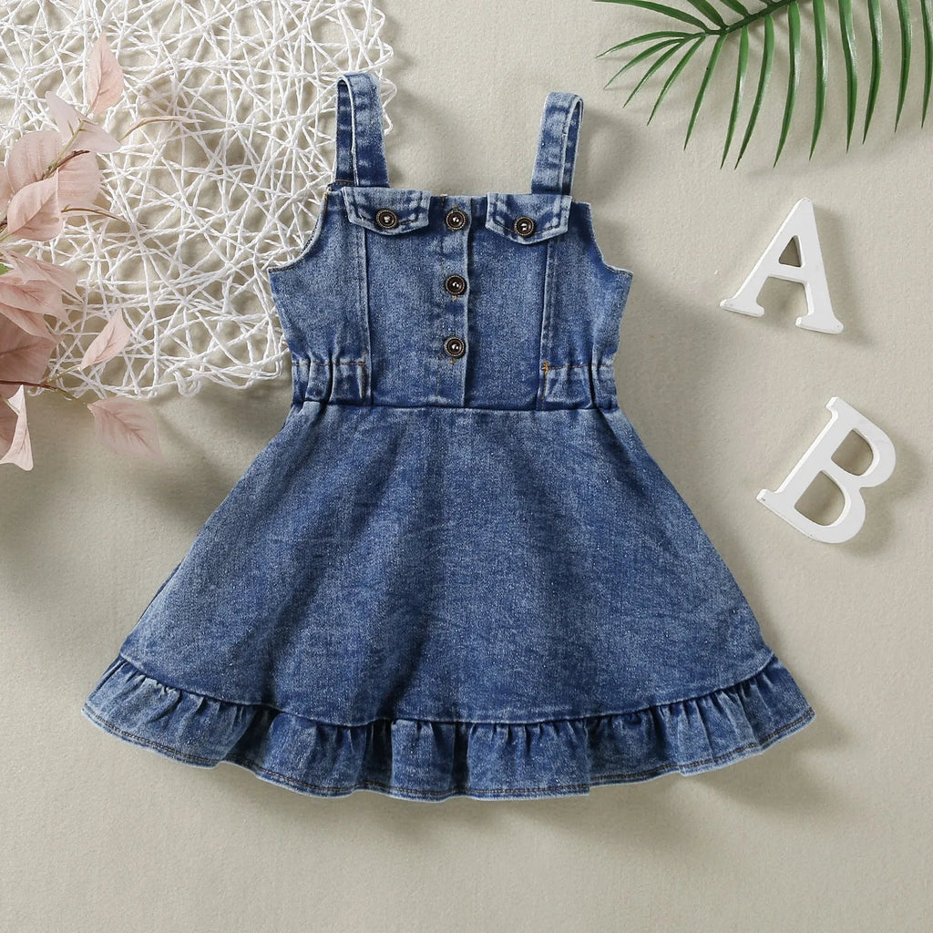 Baby girl cotton denim strap dress in casual suspender skirt style, sizes 80cm to 120cm