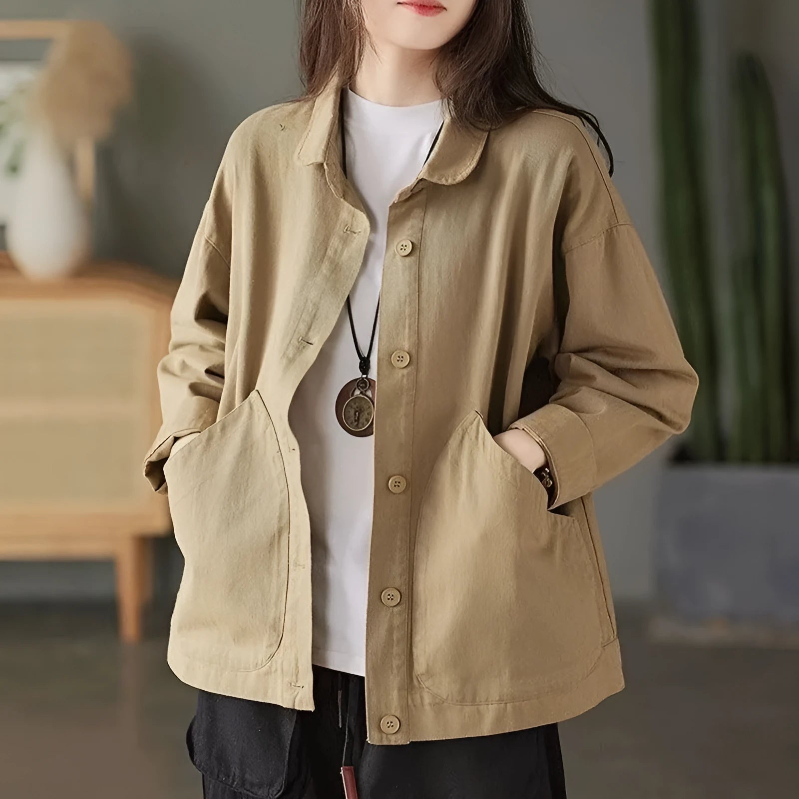 Retro twill cotton loose casual top with large pocket for women in khaki
