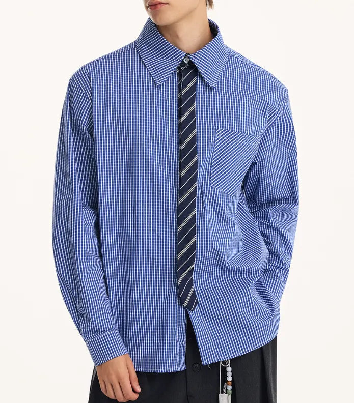 Men's fake two-piece tie shirt, long sleeve, loose fit, black or blue, cotton blend, non-ironing, autumn top