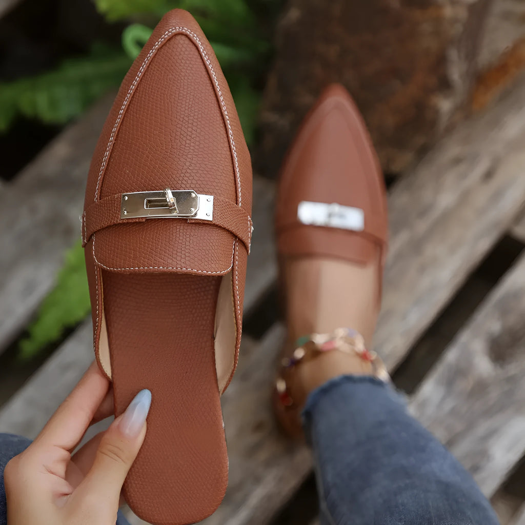 Light brown women's pointed-toe semi-slippers with a low heel, PU upper, and rubber sole.