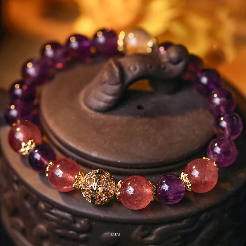 Retro artificial crystal lucky bracelet for women in yellow gold or amethyst gold electroplated finish.