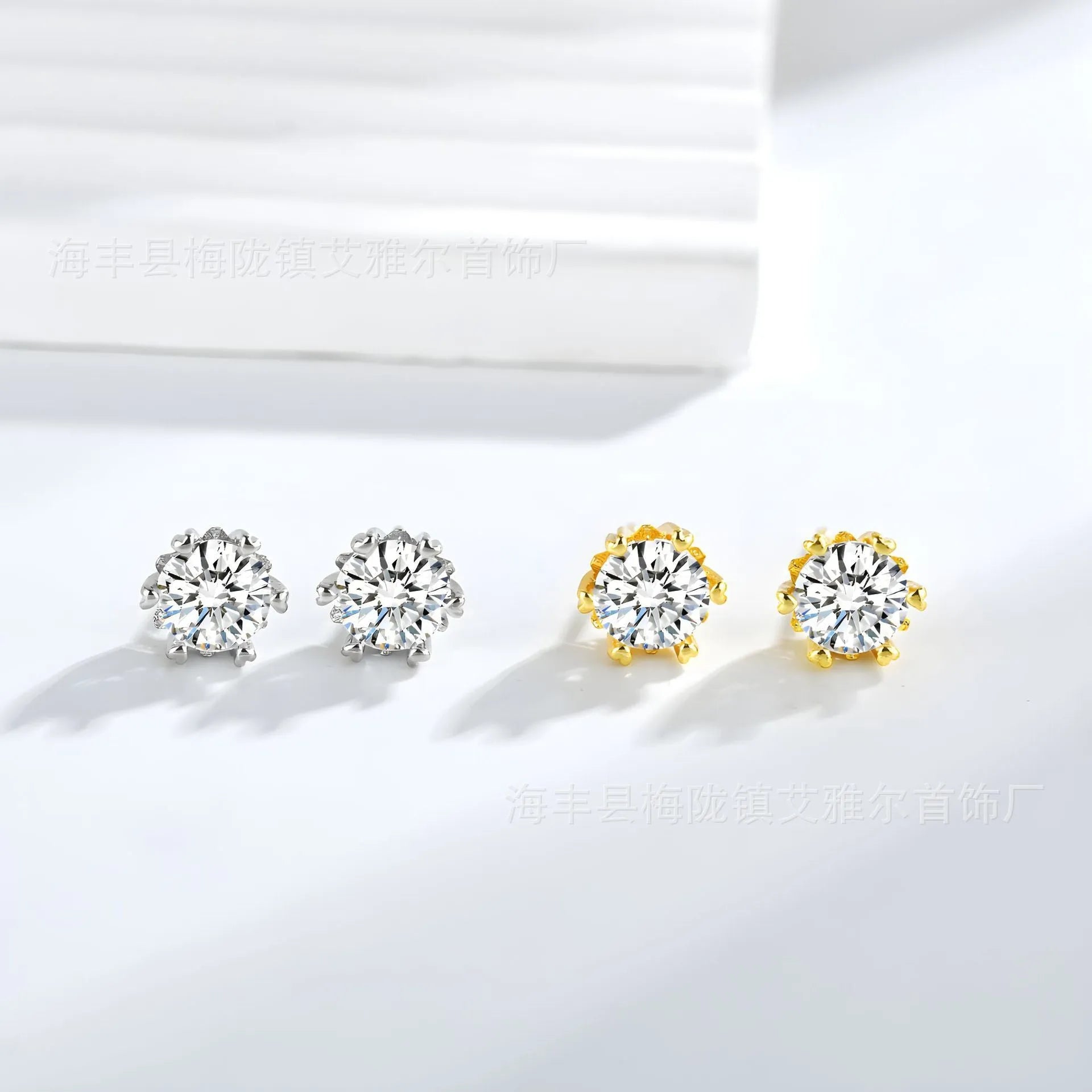 Brass zircon heart shape stud earrings with six claw setting in silver and gold pair