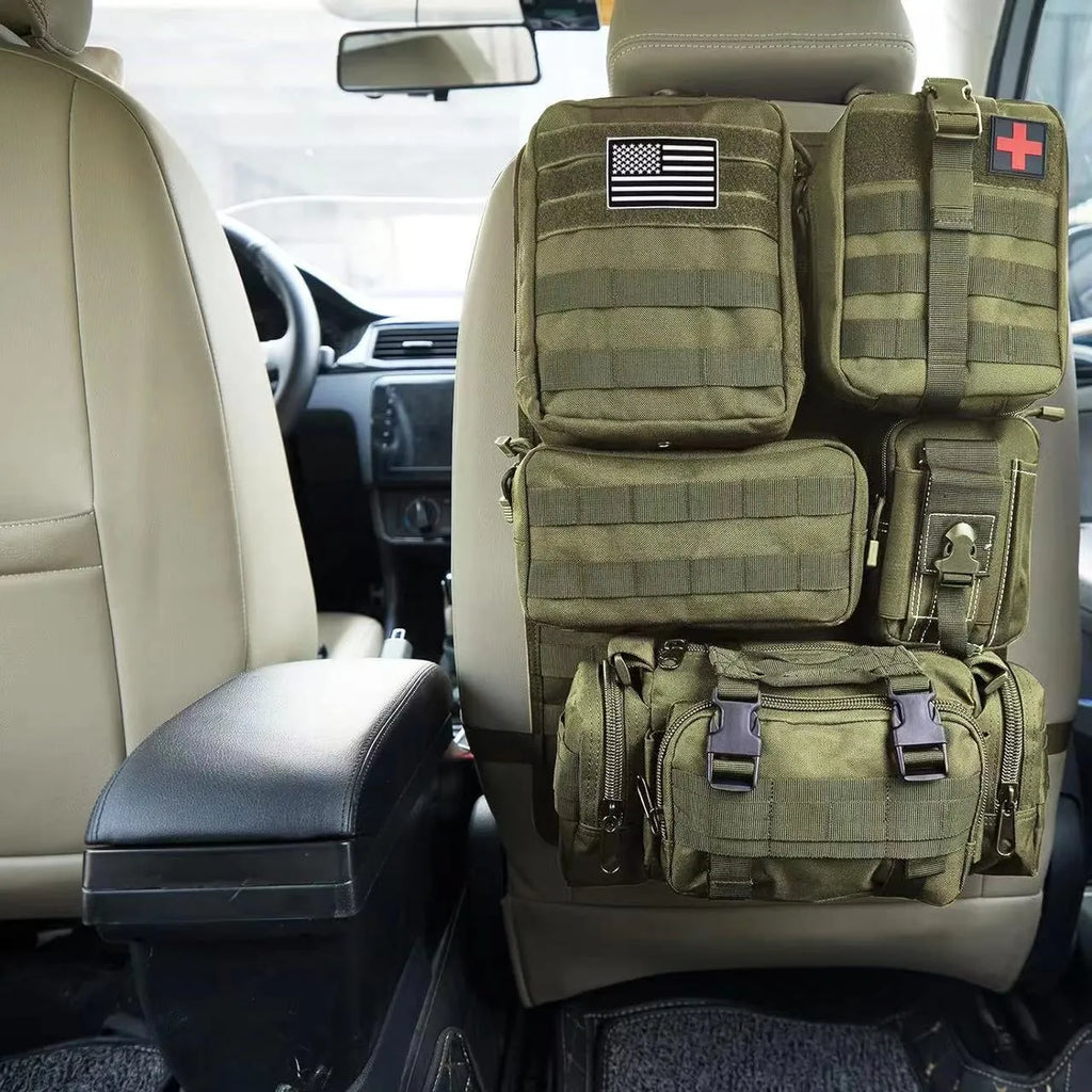 Six-piece car rear storage bag set in black, army green or khaki fabric with hanging handle