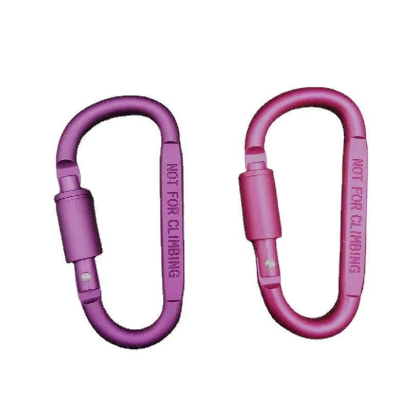 Aluminium D-shaped carabiner with lock shown in multiple colour options including black, silver, red, and blue.