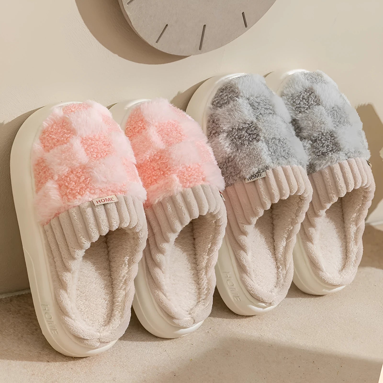 Women's plaid pattern plush indoor slippers with coral velvet upper and grey non-slip PVC sole