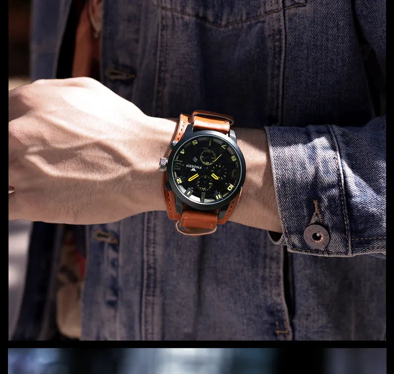 Casual quartz watch with 40.5mm dial, nubuck leather strap, and synthetic sapphire glass showing perspective window detail
