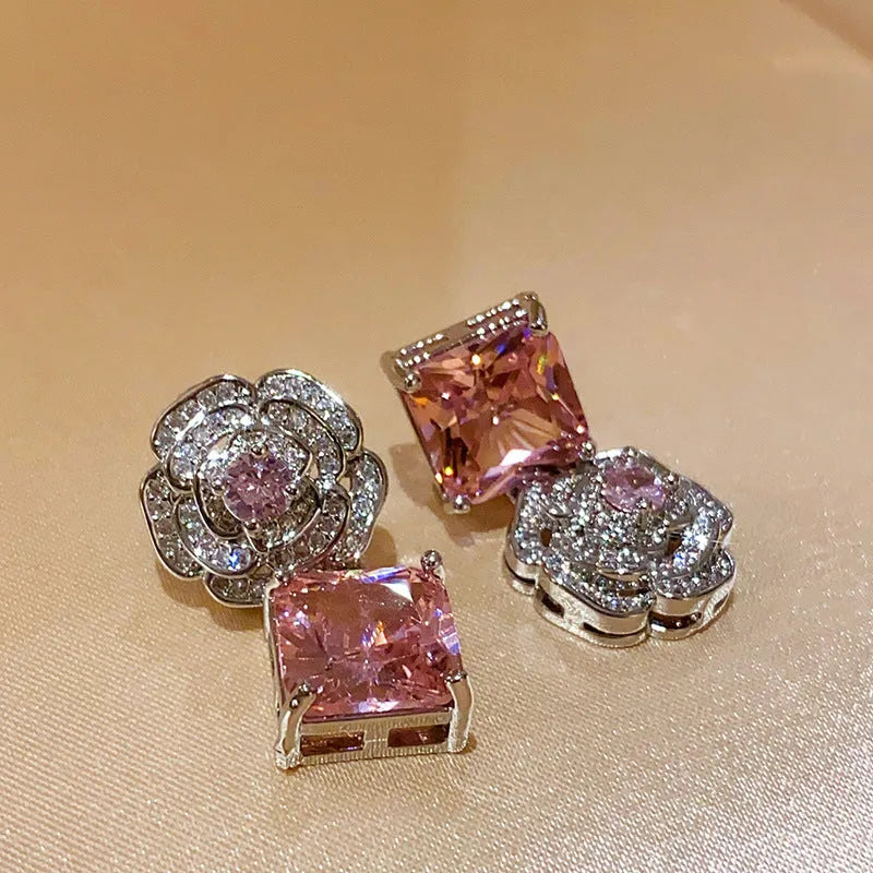 French flower square zircon necklace in silver pink with inlaid zircon pendant on 41-50cm clavicle chain.