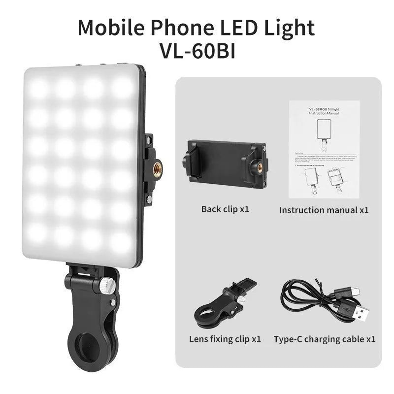 Portable LED pocket fill light with clip attachment for mobile photography and live broadcasts