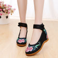 Women's ethnic canvas high heels with rhinestones and double buckle, 6-8cm wedge heel, round toe, five colours.