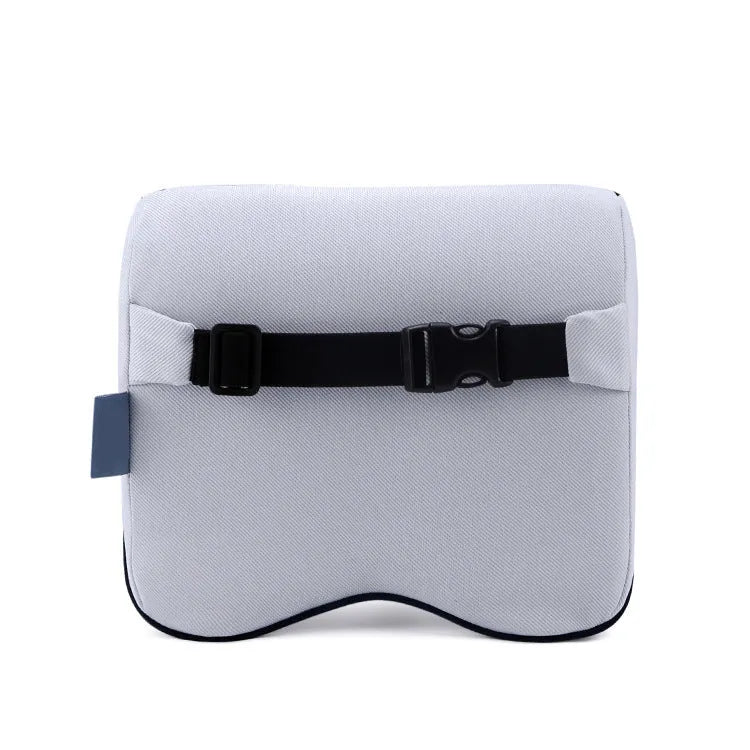 Memory foam car headrest in light grey with twill polyester cover measuring 26x23x12cm