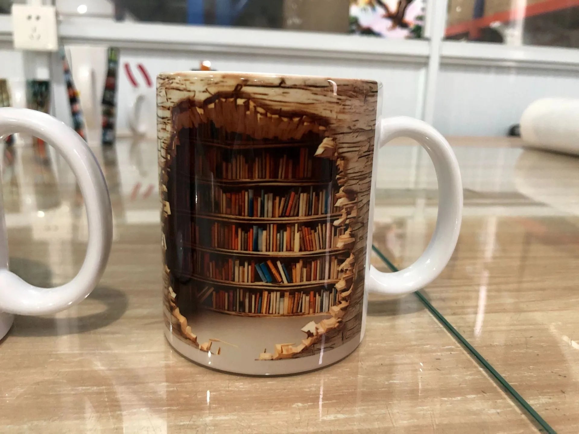 3D bookshelf ceramic mug with handle featuring library shelf design, 350ml capacity, 9.8x8cm size
