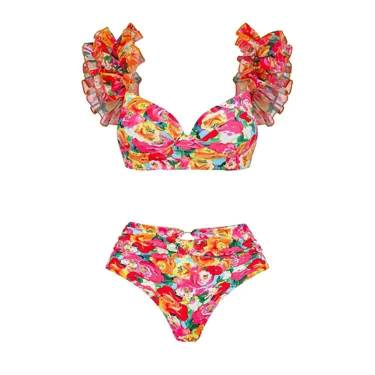 Women's floral high waist push up bikini swimsuit with skirt option