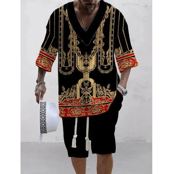 Loose casual short sleeve suit with matching shorts in polyester fabric