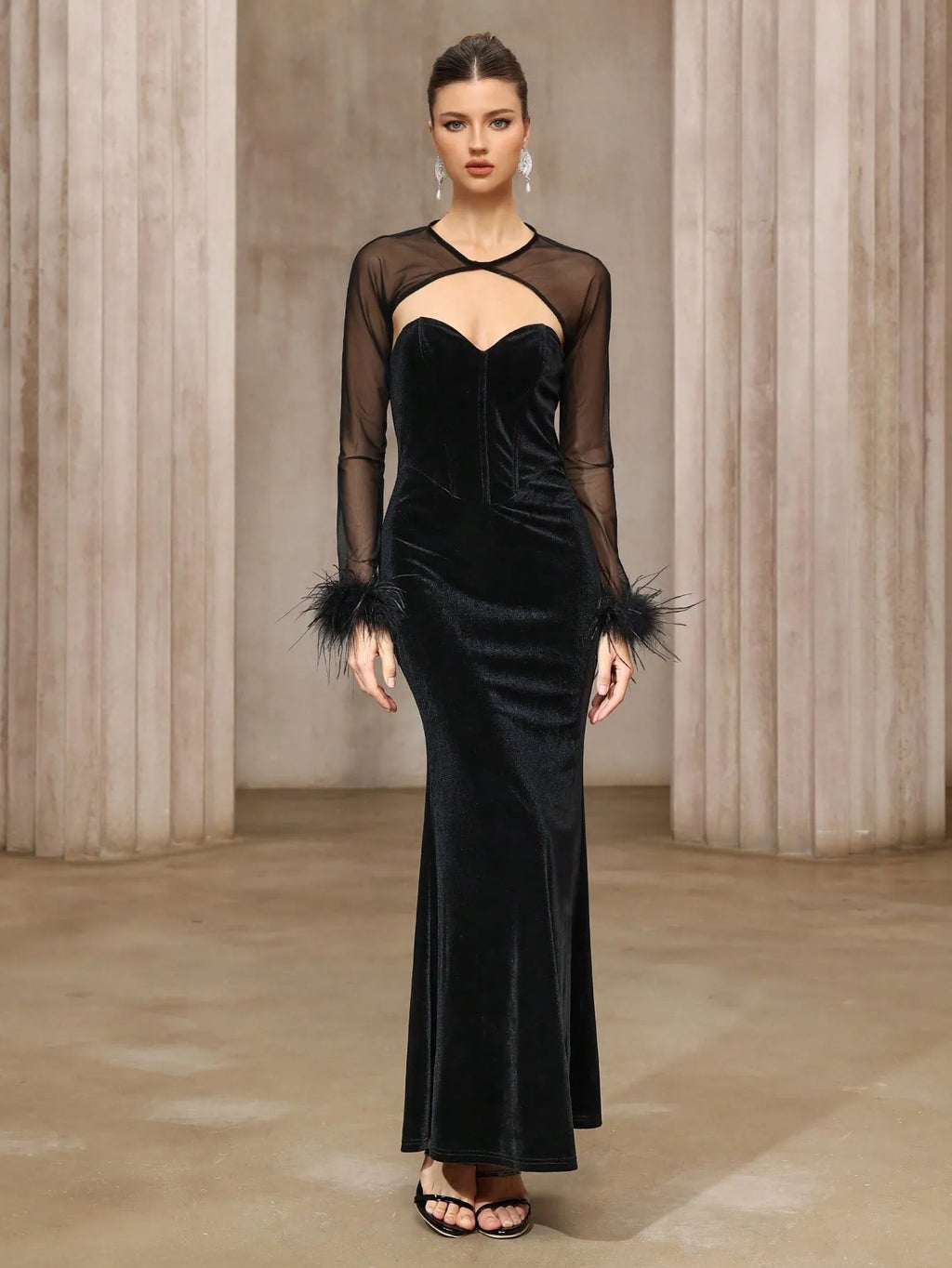 Black semi-transparent mesh top and velvet tube dress two-piece set with mid waist and mid-length skirt, sizes S M L