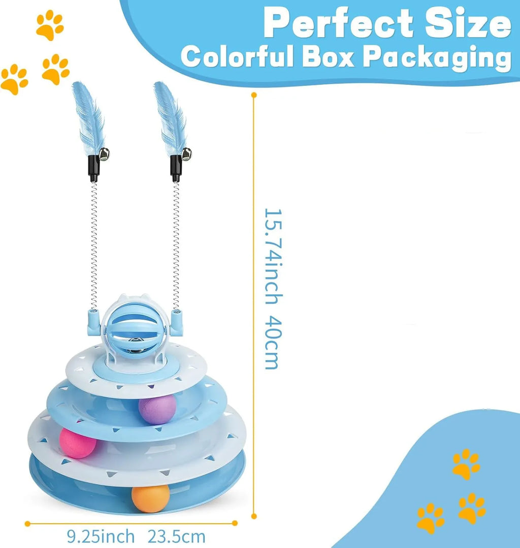 4-tier interactive cat puzzle ball toy with six coloured balls, two teasing rods, and bell on top