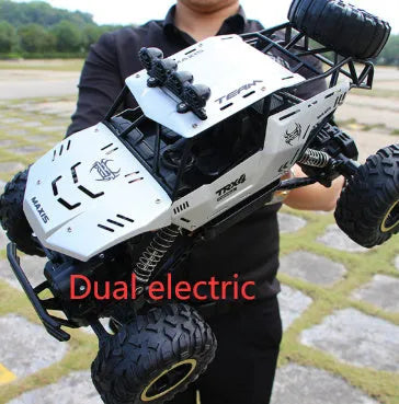 Black and silver 2.4G wireless remote control off-road cars in 28cm and 37cm sizes on rough terrain