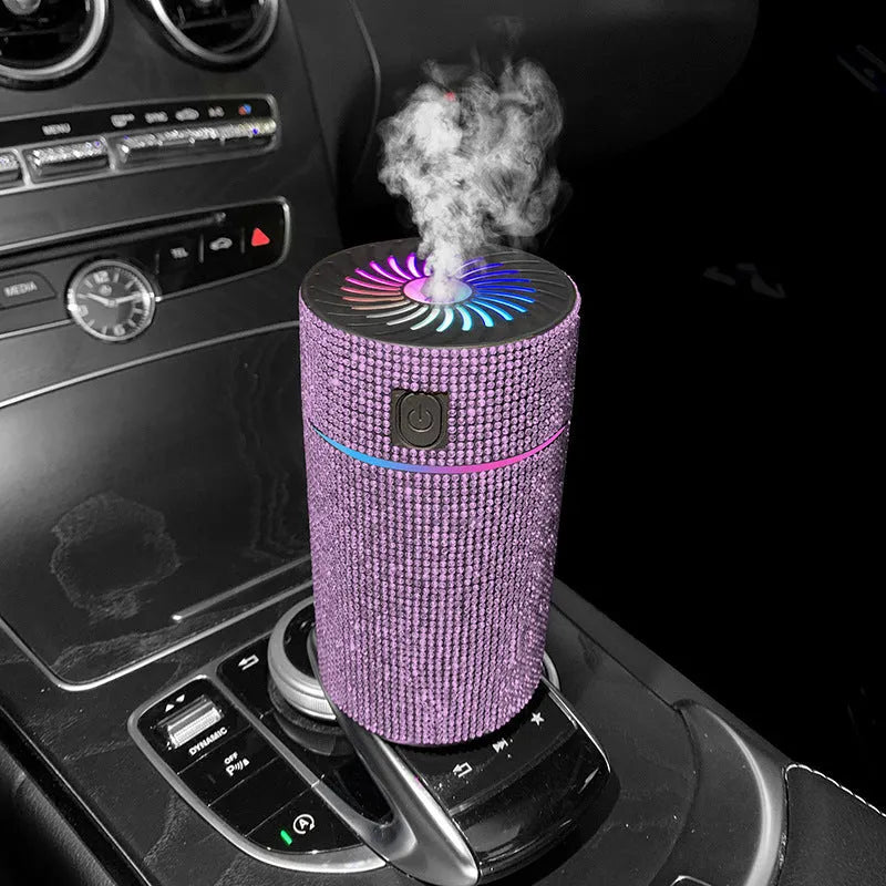 Compact white car USB air humidifier with Water Diamond technology measuring 14cm