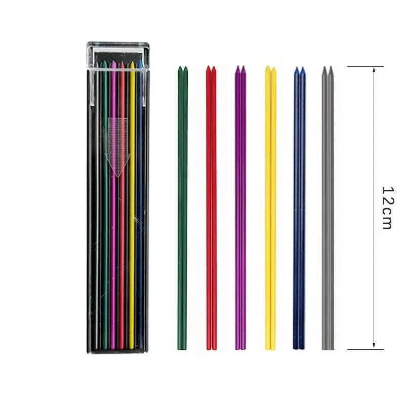 Box containing 12 rainbow-coloured mechanical pencil leads for drawing and replacement use