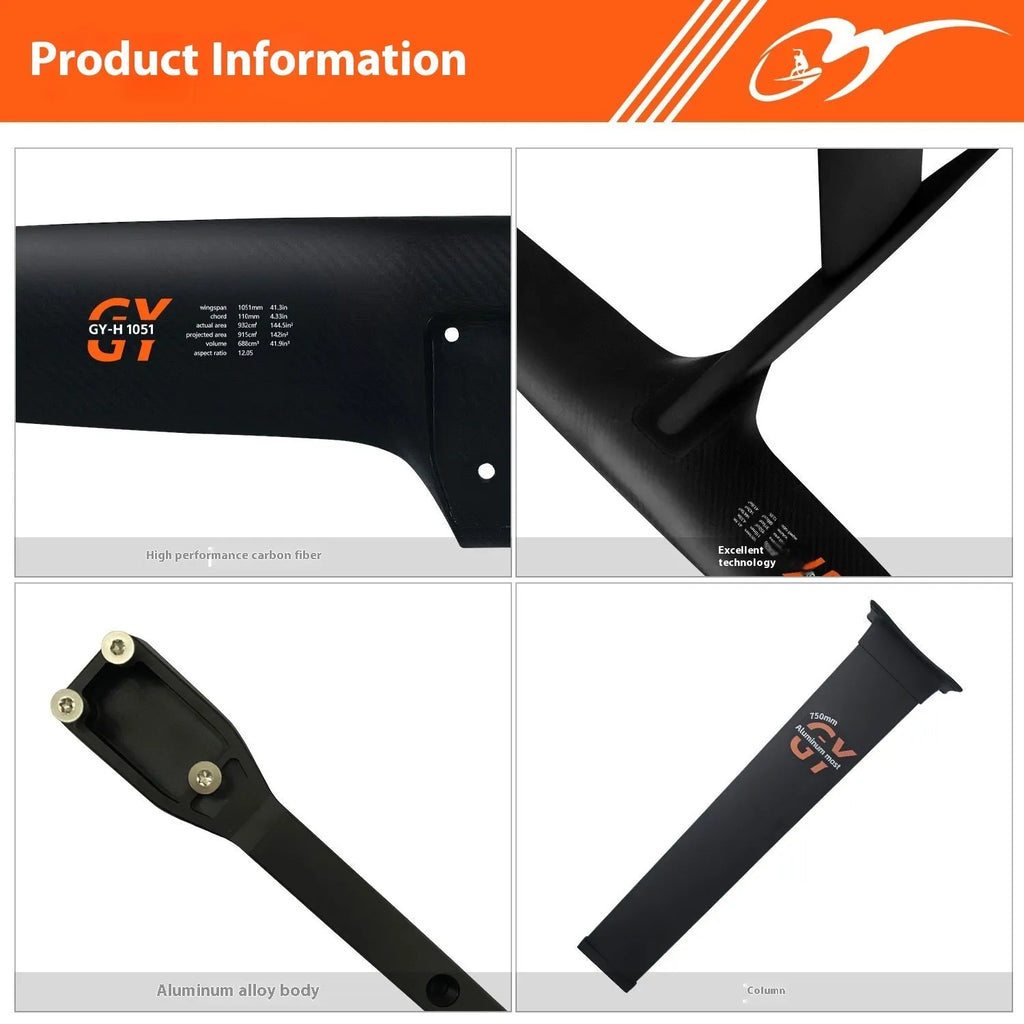 Black carbon fibre hydrofoil for racing surfing with aluminium mast and 1051mm front wing