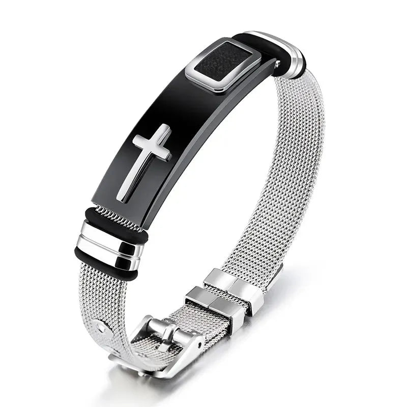 Adjustable 3D cross bracelet in stainless steel mesh chain, gold or black, about 24g, for women and men