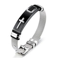 Adjustable 3D cross bracelet in stainless steel mesh chain, gold or black, about 24g, for women and men