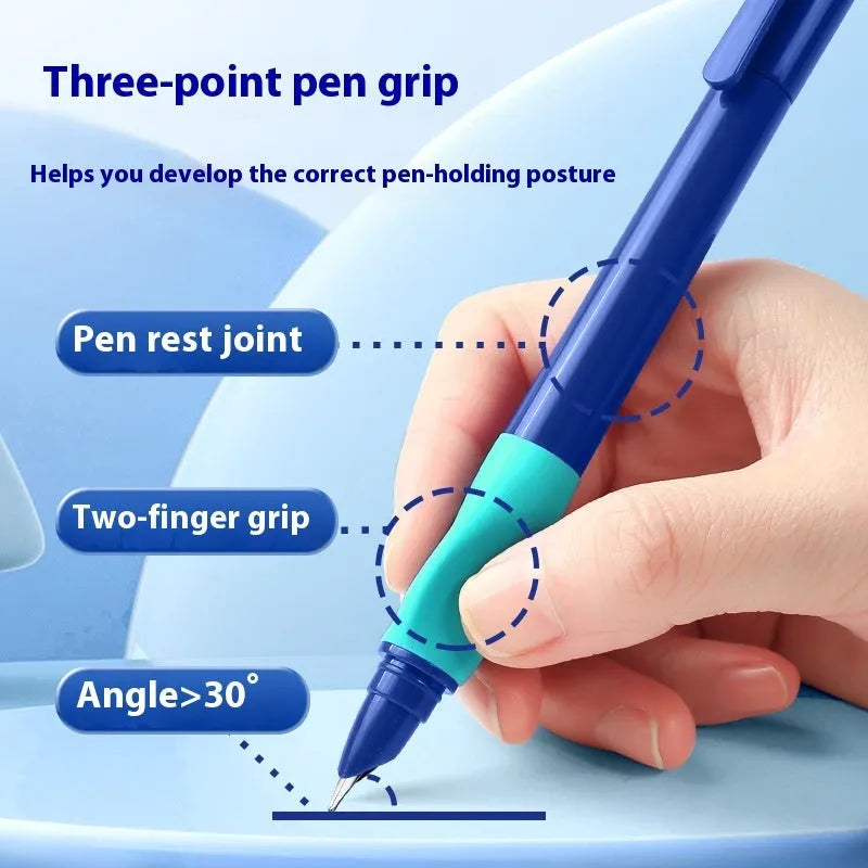 Student posture correction pen with ergonomic grip in blue, green, purple, and orange colour options.