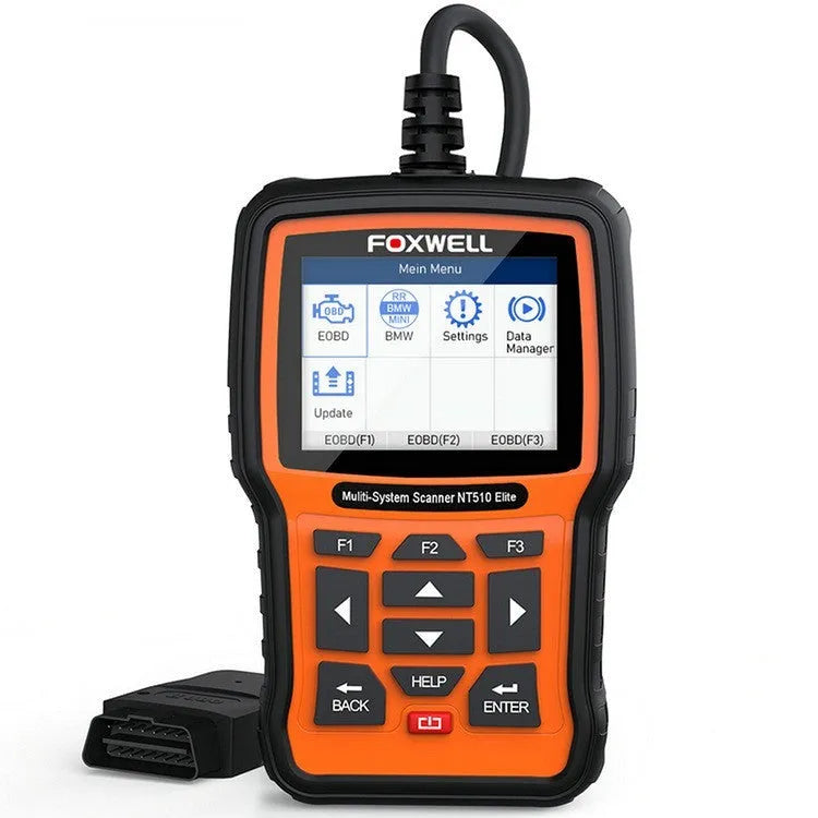 Orange and black Foxwell NT510 automotive OBD2 diagnostic scanner with colour screen
