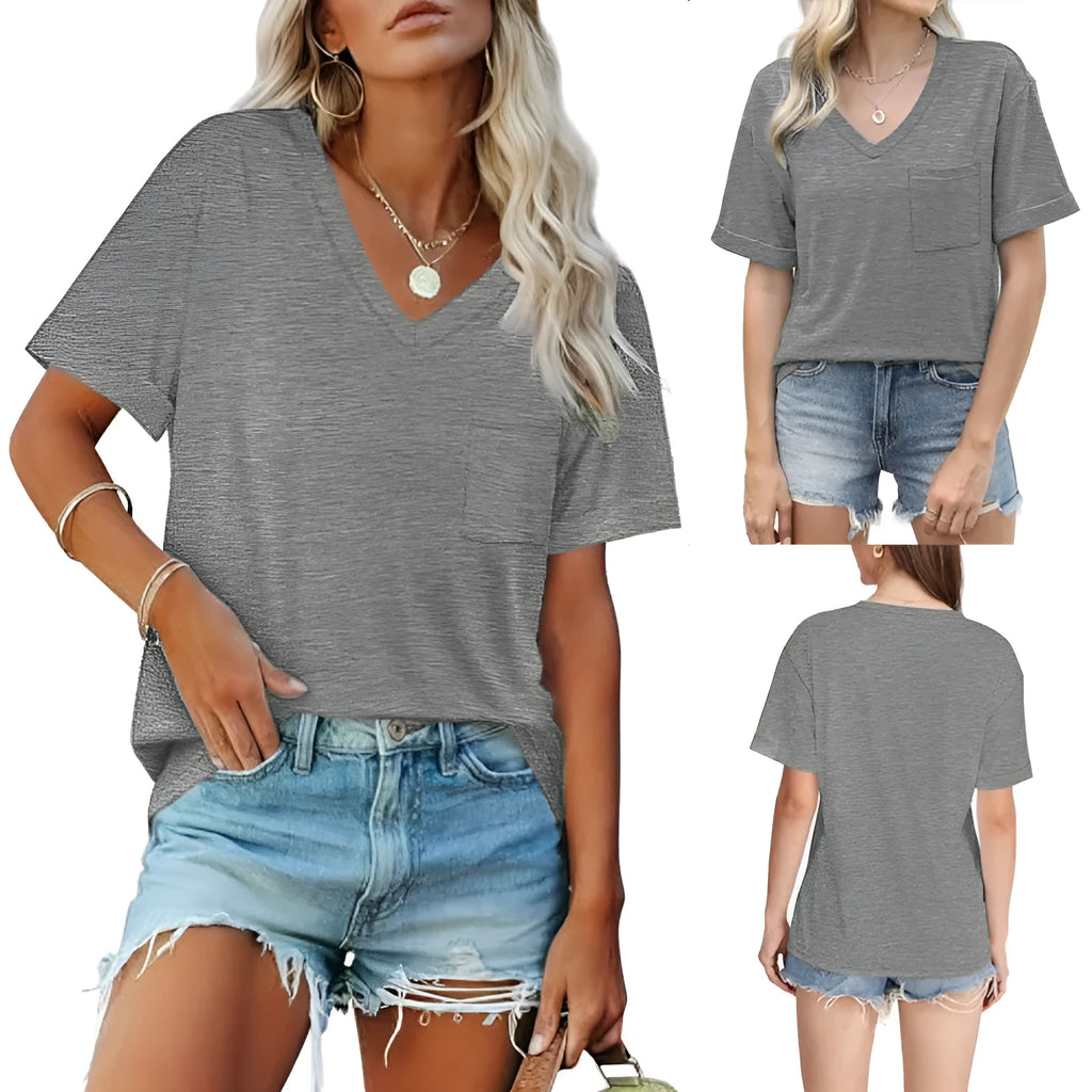 Grey loose fit men's V-neck T-shirt with a chest pocket on a solid background.