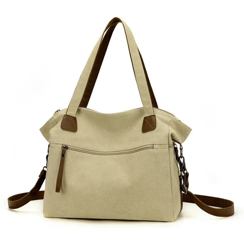 Large capacity canvas shoulder bag for women with zipper, phone and file pockets in grey, black, brown or khaki