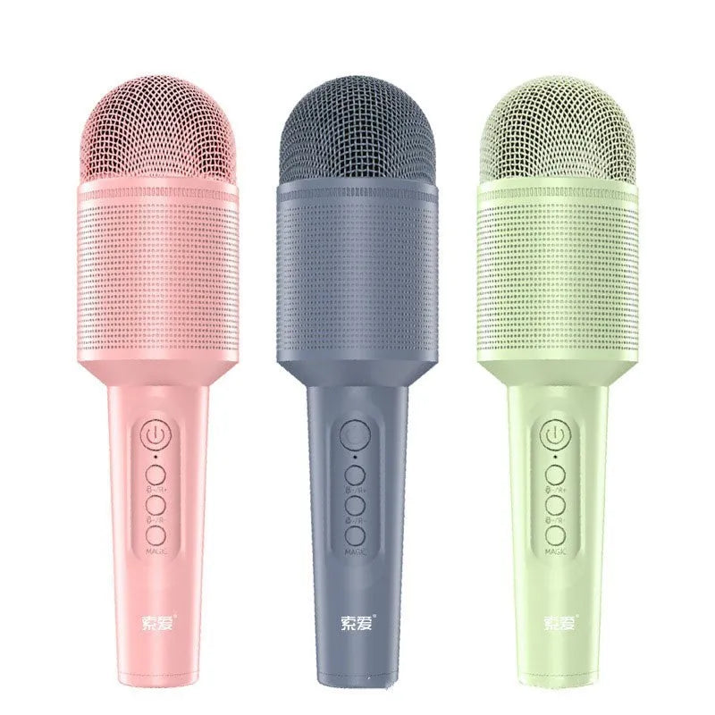 Handheld wireless Bluetooth karaoke microphone in pink, blue, and green colour options.
