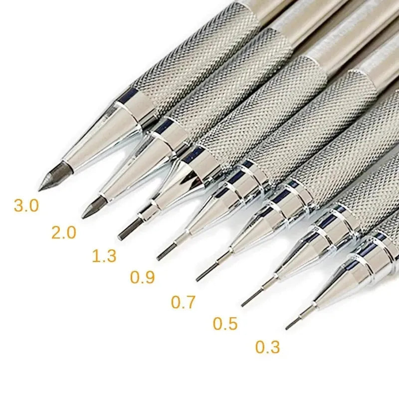 Silver metal automatic mechanical pencil with six compatible lead sizes from 0.5mm to 2.0mm on a notebook.