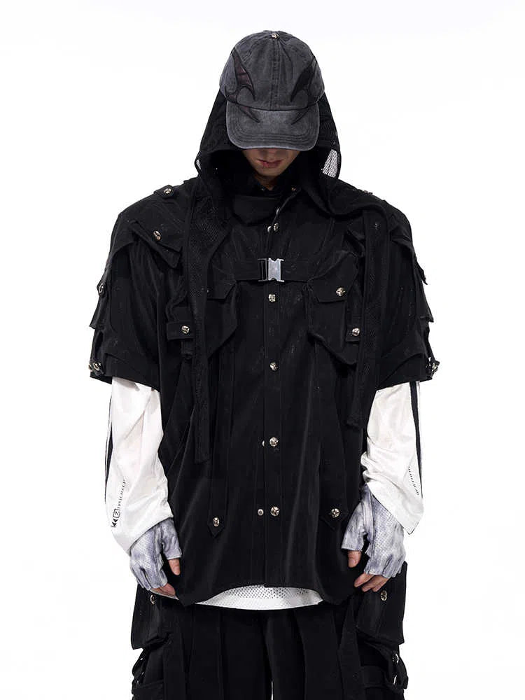 Men's black short sleeve bandage jacket with loose fit, lapel neckline, single-breasted placket, sizes S to XL.
