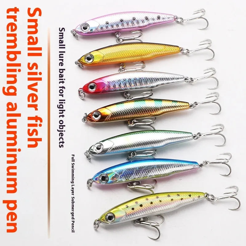 Set of five silver pencil bait fishing lures with double hooks in a storage box, showing four weight options