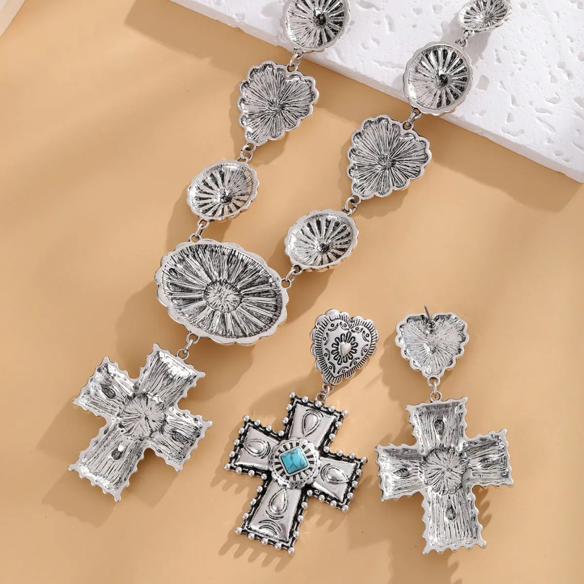 Vintage Love cross pendant earrings and necklace set in gold alloy metal