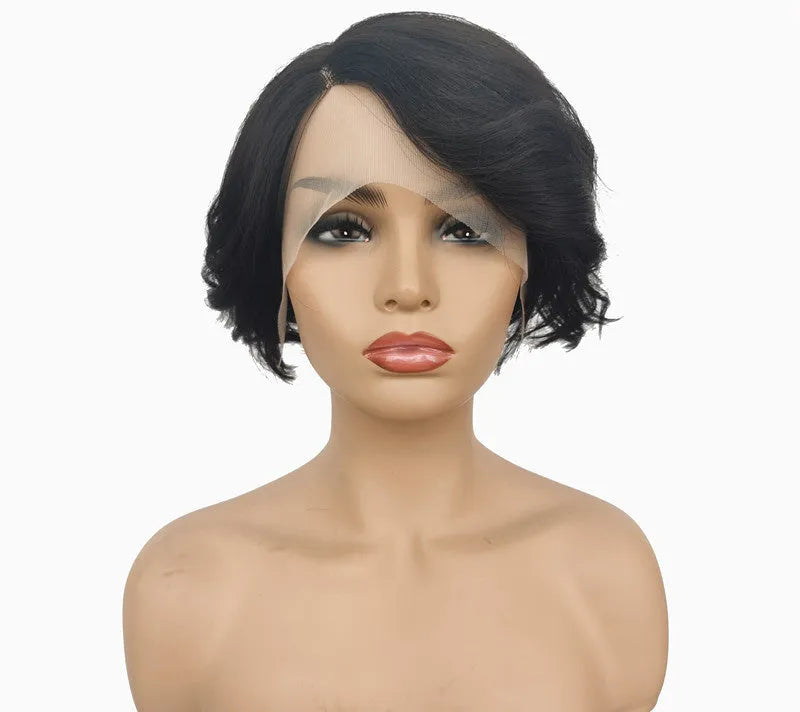 Short real hair lace wig for ladies with oblique bangs and hand-woven construction in colour CYFZ1004F