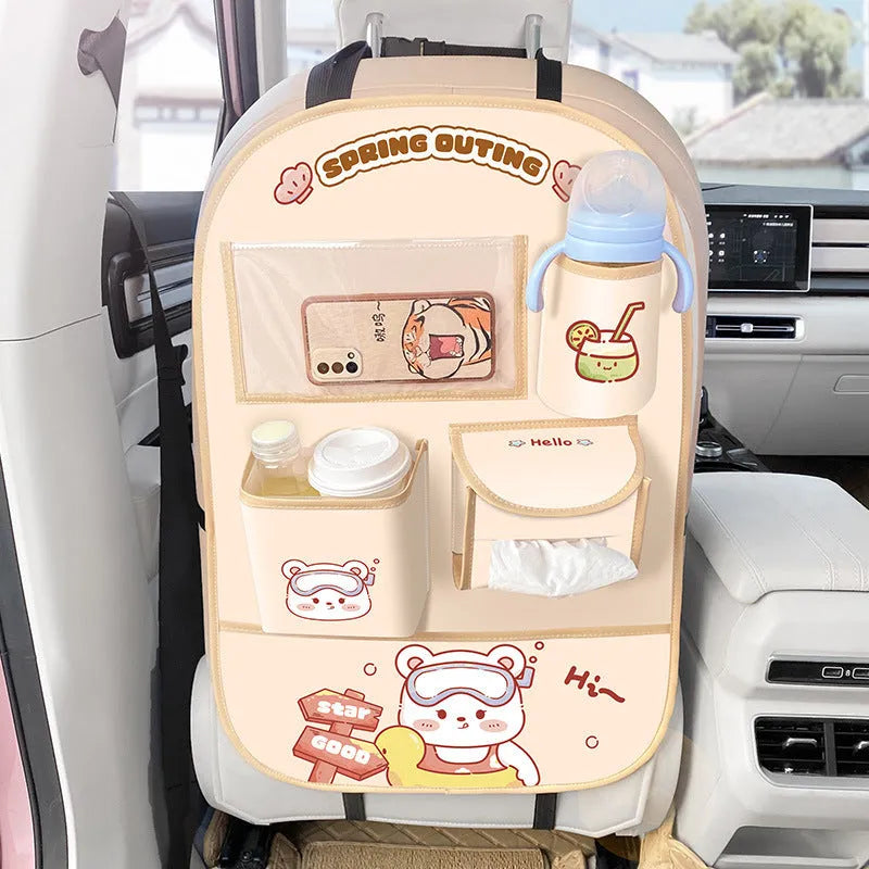 Car seat back storage bag and anti-kick cushion in leather, Bear or Bunny design, supplied as one storage bag