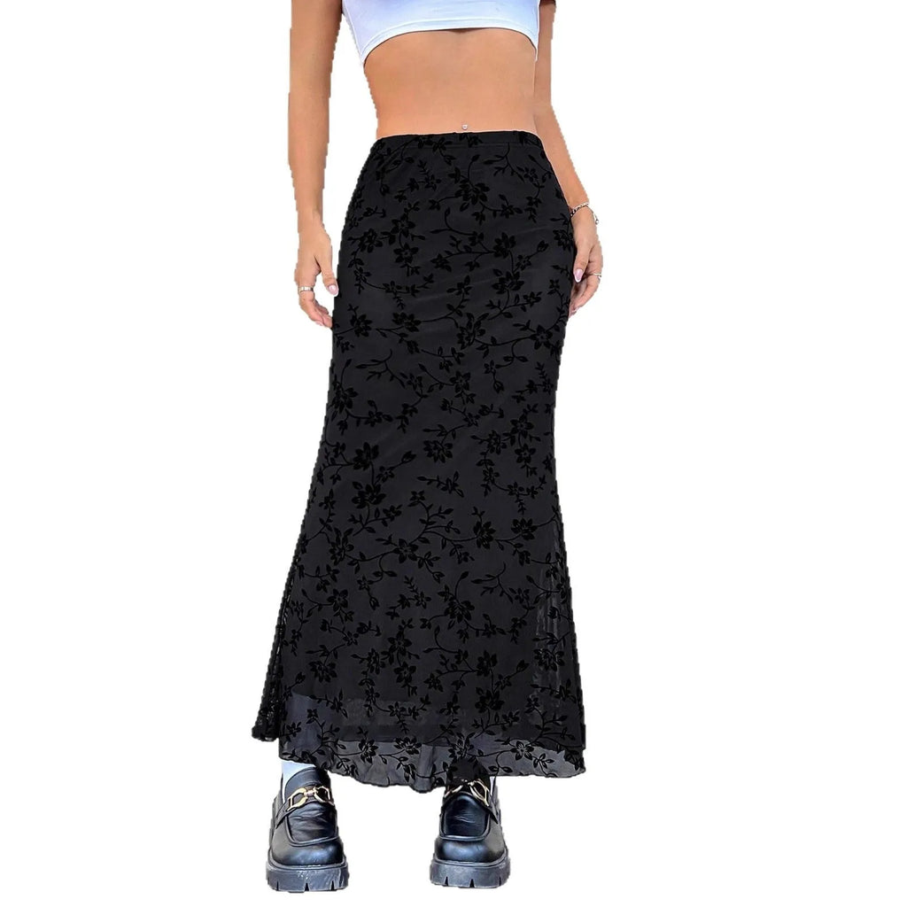 Dark green floral half-length fishtail skirt for women with medium elastic waist and polyester fabric
