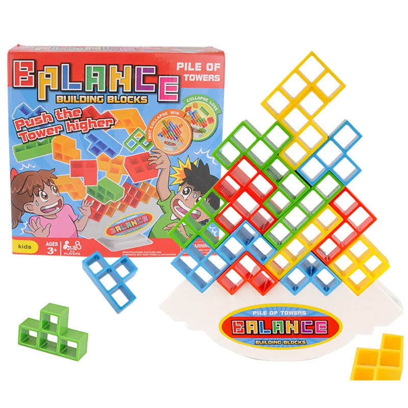 Plastic balance stacking game with 16 colourful blocks and chassis for family play