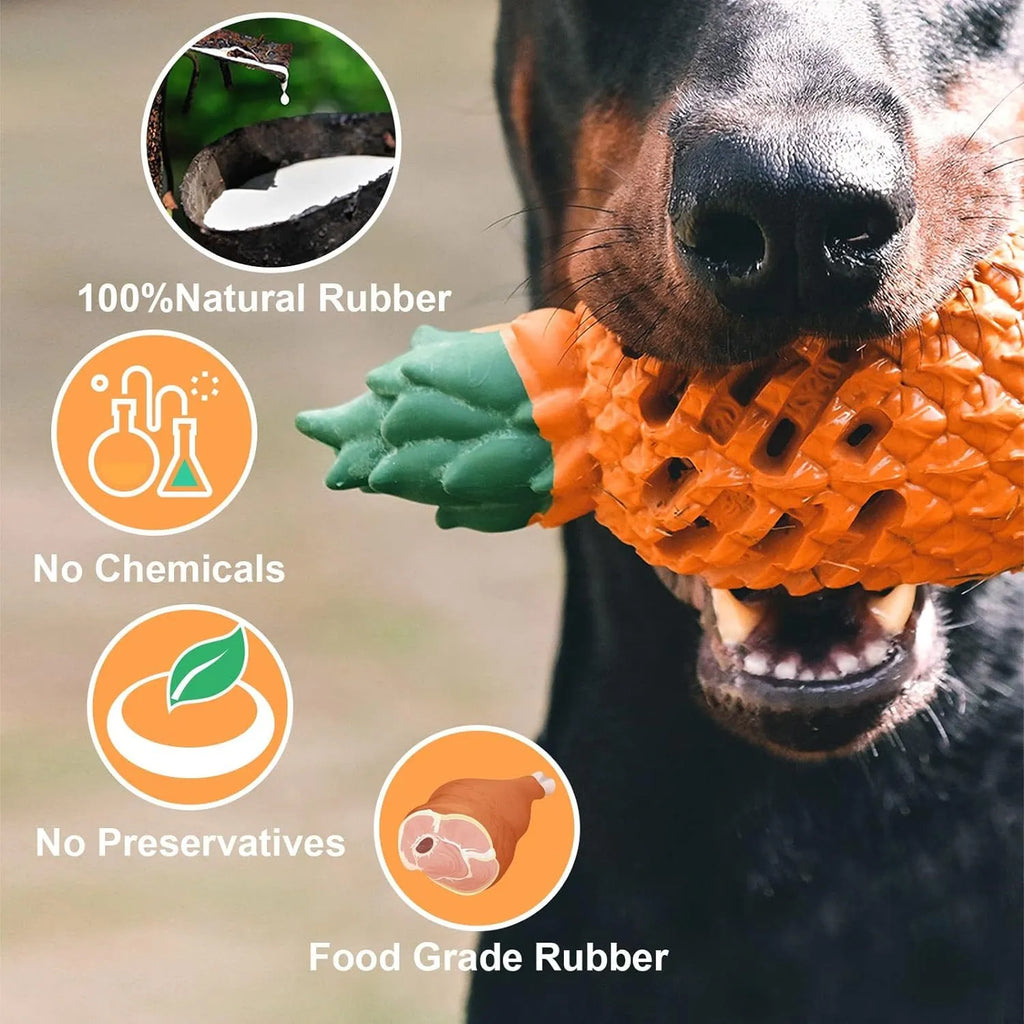 Pineapple-shaped natural rubber dog chew toy for aggressive chewers, available in multiple sizes
