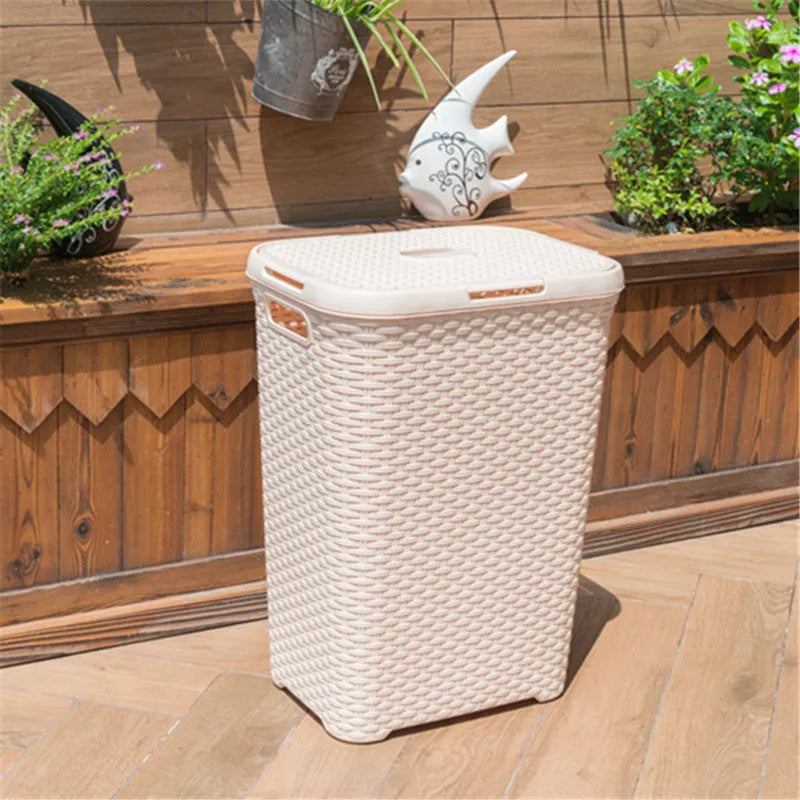 Plastic rattan woven laundry basket in beige, grey, or brown, polypropylene, 44 × 34 × 62cm