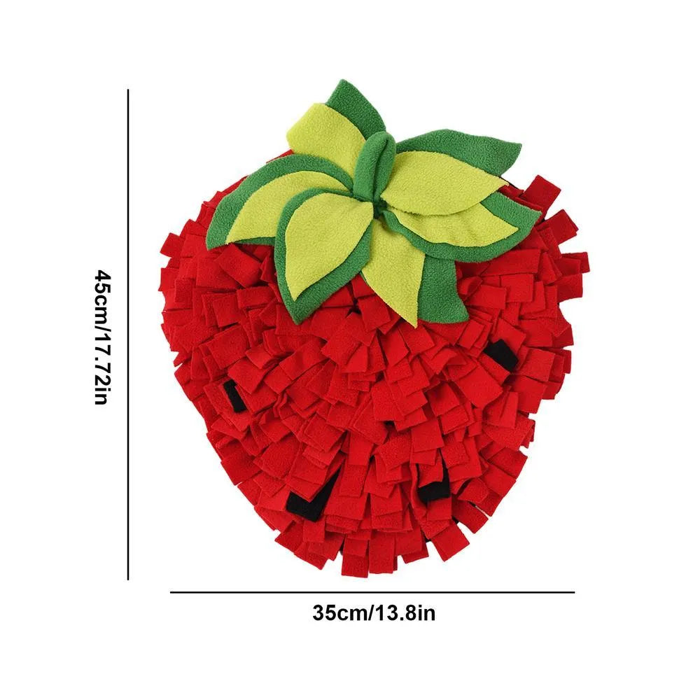 Red and green strawberry-shaped pet sniffing mat for slow feeding dogs and cats